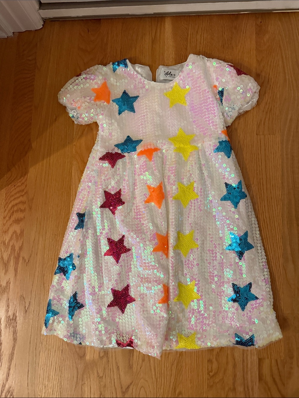 Lola + The Boys White Sequin Dress with Blue, Pink, Yellow & Orange Stars